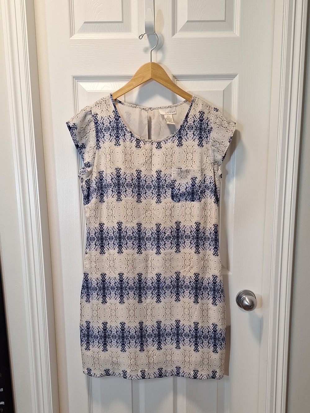 100% Silk Cream and Blue Patterned Cap-Sleeve Dress